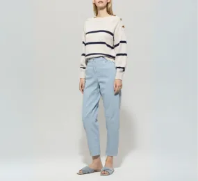 LUISA CERANO - Crop Striped Sweater with Gold Button Detailing in Navy and Cream