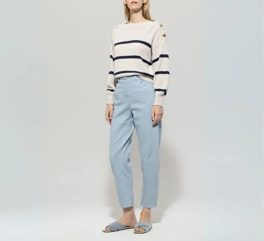 LUISA CERANO - Crop Striped Sweater with Gold Button Detailing in Navy and Cream
