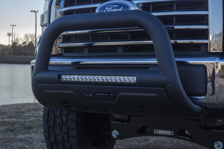 Lund 47121207 - 3.5" Black Steel Bull Bar with Integrated LED Light Bar and with skid plate for Ford F-250 11-16