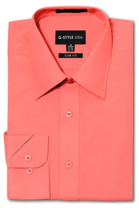 Men's Slim Fit Solid Color Dress Shirt (Coral)