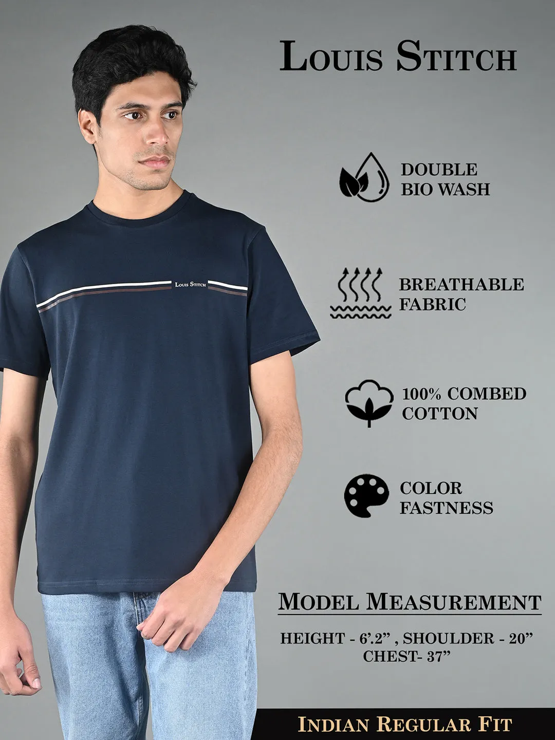 Men's Super Combed Cotton Navy Blue Regular Fit Half Sleeve Round Neck T-Shirt