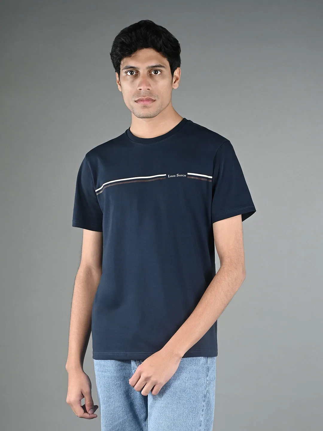 Men's Super Combed Cotton Navy Blue Regular Fit Half Sleeve Round Neck T-Shirt
