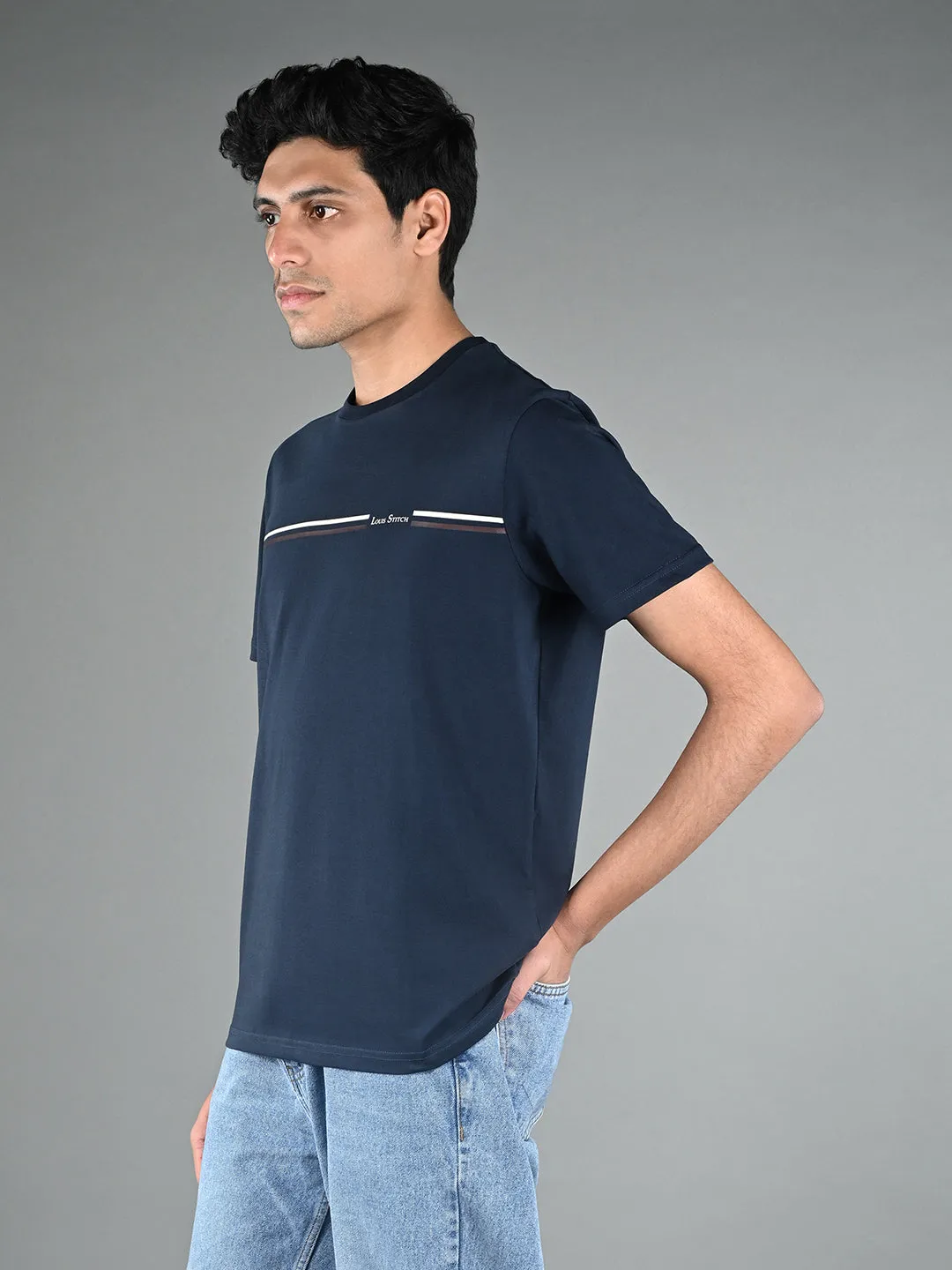Men's Super Combed Cotton Navy Blue Regular Fit Half Sleeve Round Neck T-Shirt