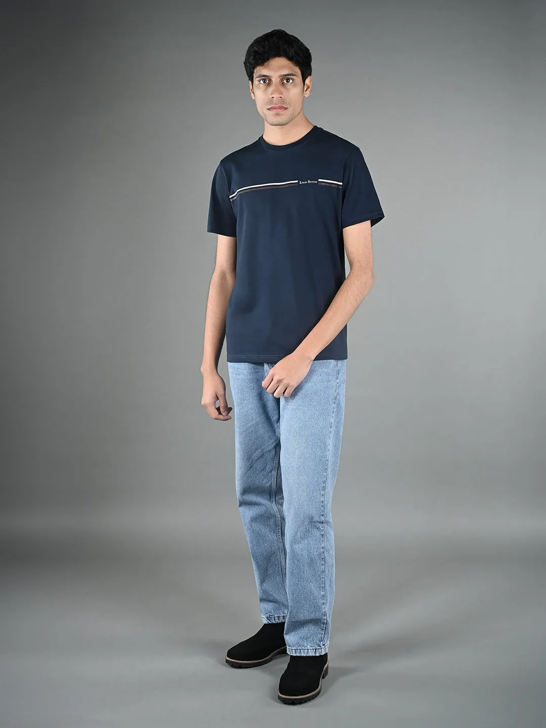 Men's Super Combed Cotton Navy Blue Regular Fit Half Sleeve Round Neck T-Shirt