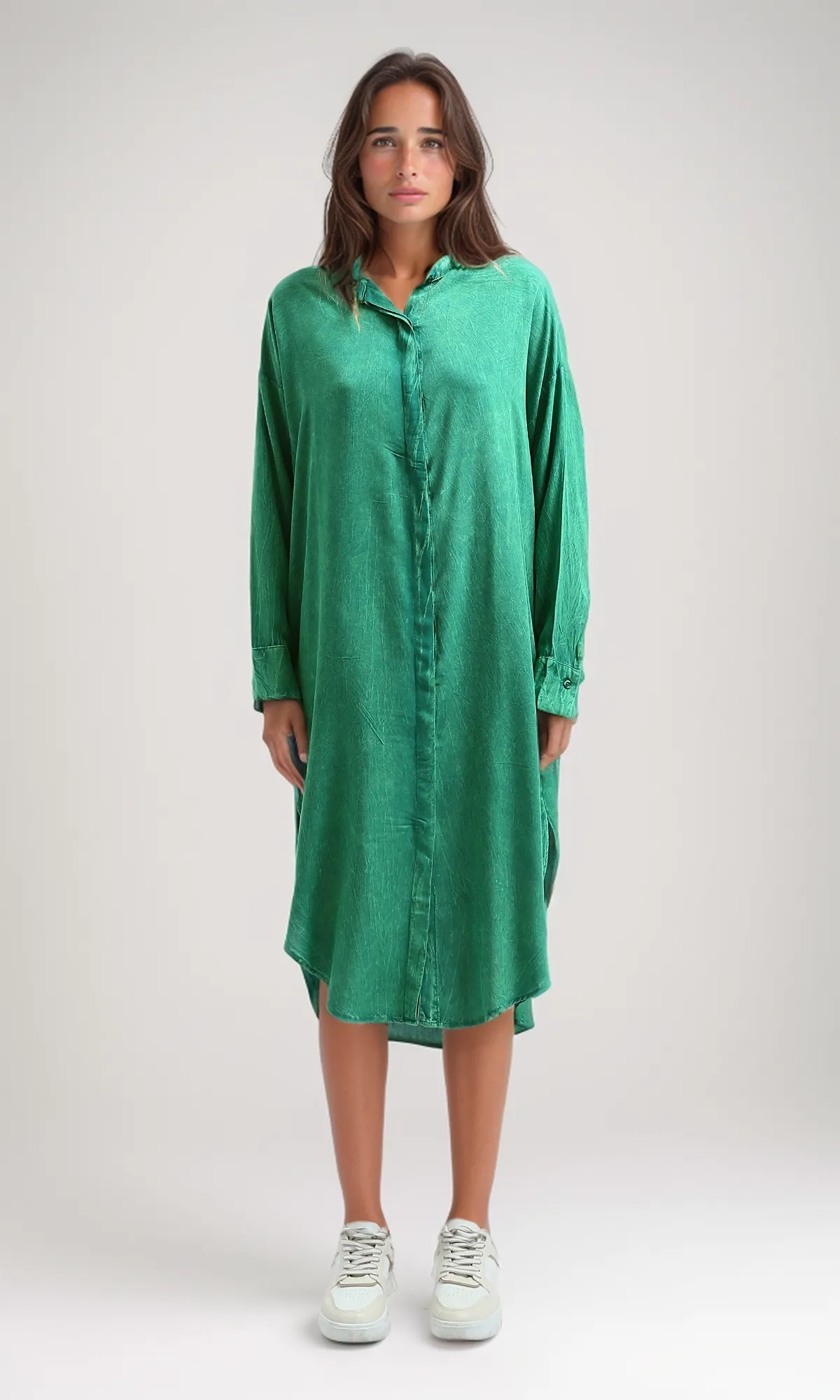 O179187 Green Textured Shirt Dress With Full Buttons