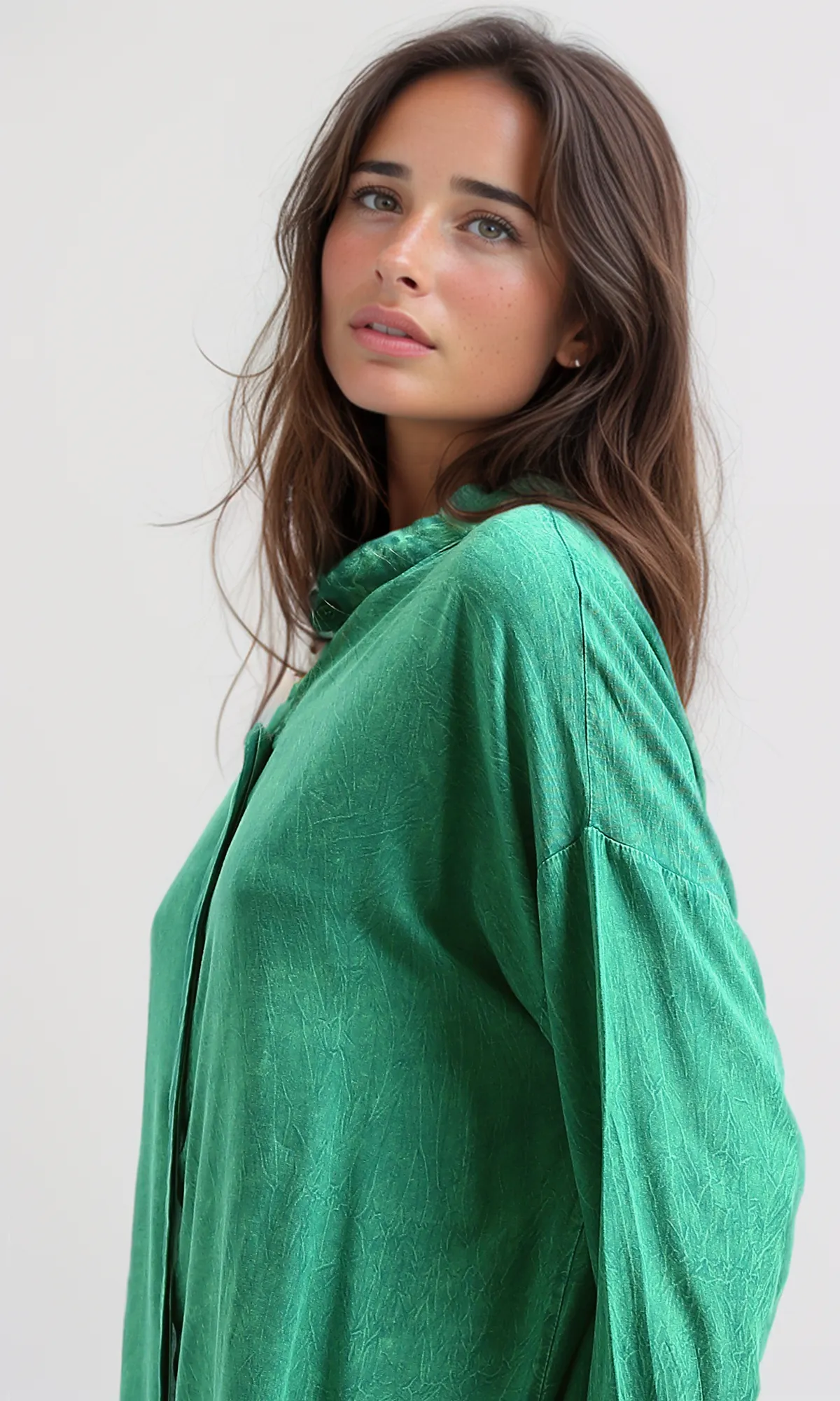 O179187 Green Textured Shirt Dress With Full Buttons