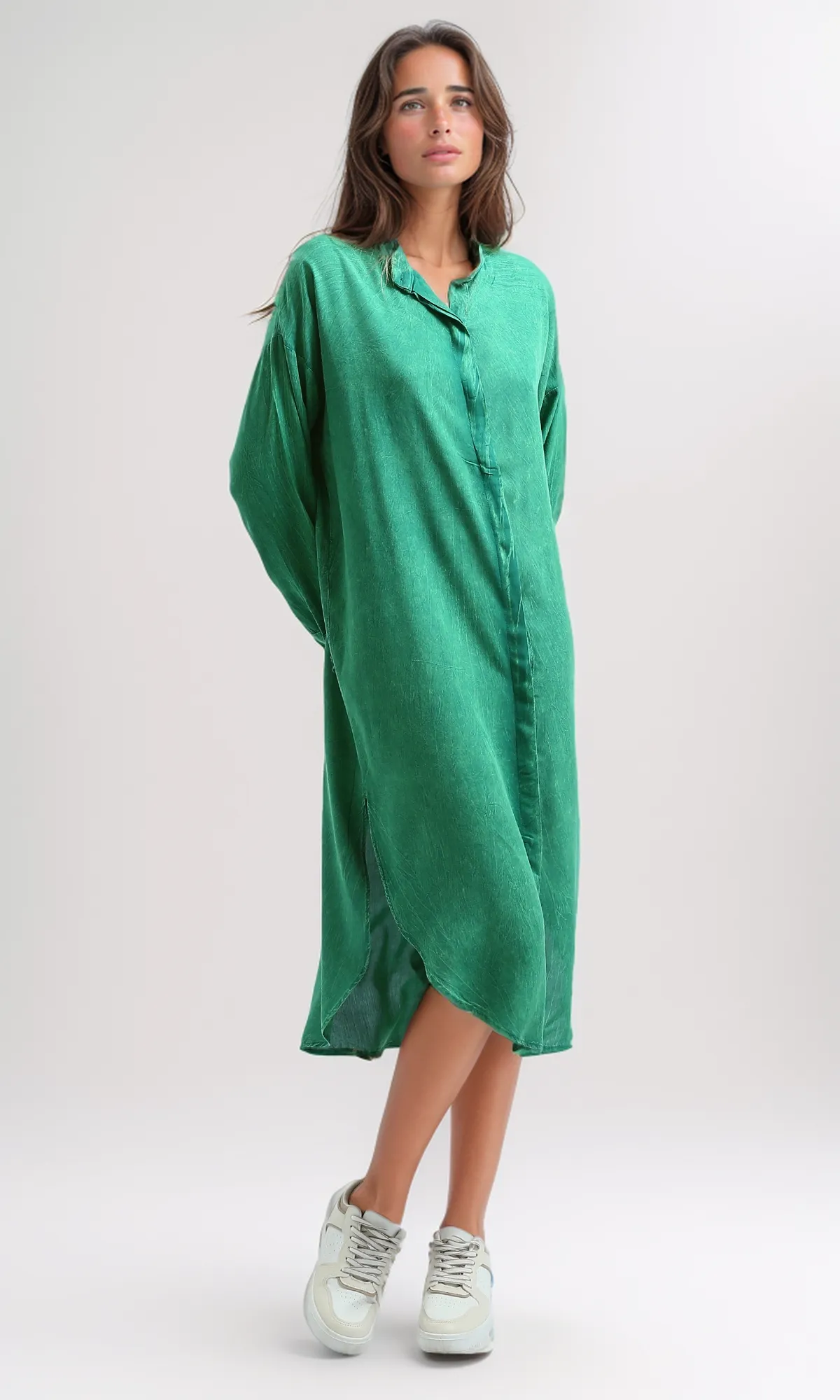 O179187 Green Textured Shirt Dress With Full Buttons