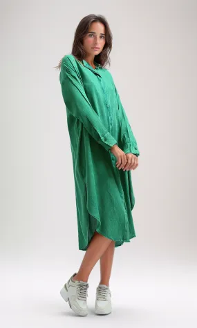 O179187 Green Textured Shirt Dress With Full Buttons