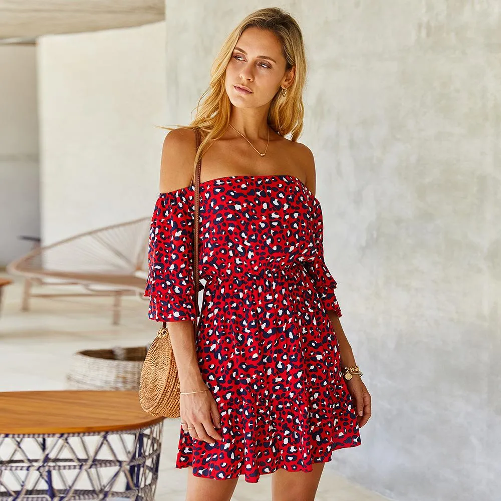 off-Shoulder Dress  Leopard Print Elegant Dress