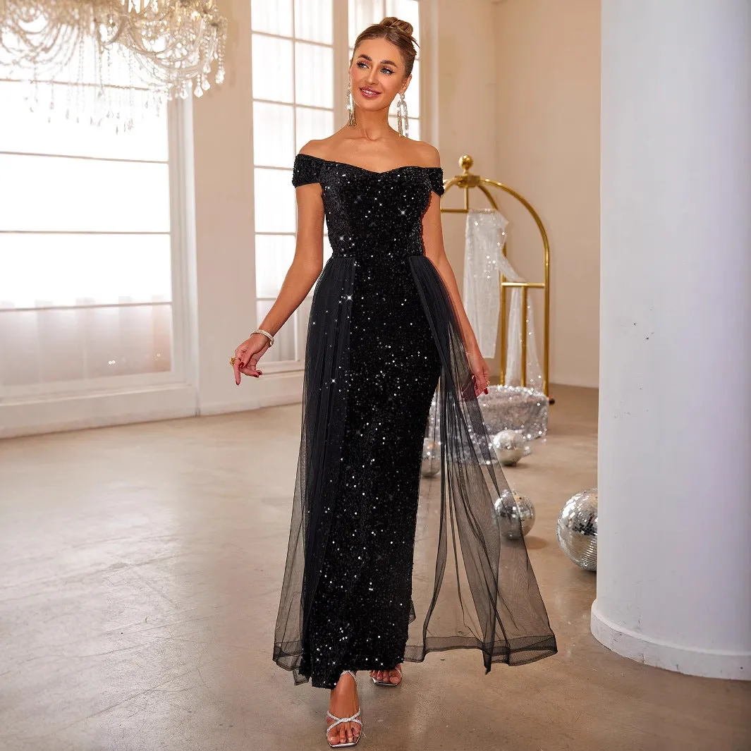 Off Shoulder Sleeveless Lace Sequin Evening Dress
