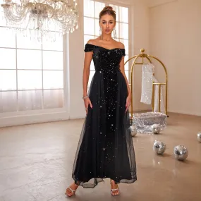 Off Shoulder Sleeveless Lace Sequin Evening Dress