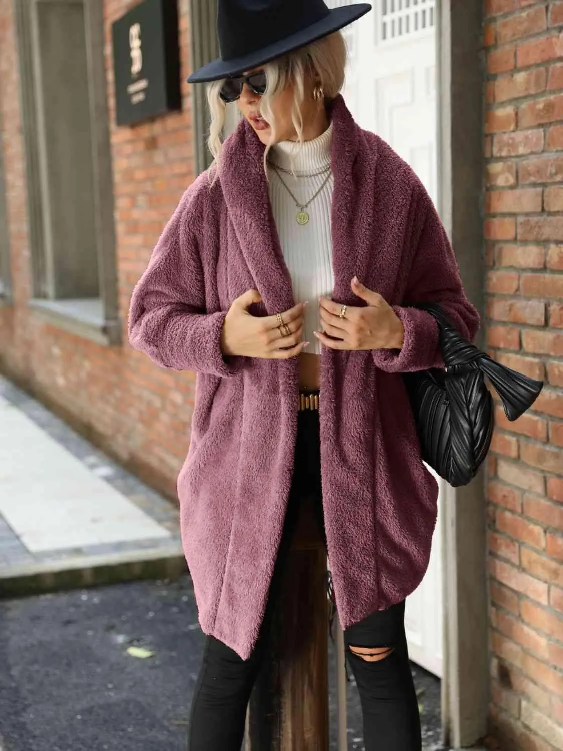 Open Front Teddy Coat With Hood