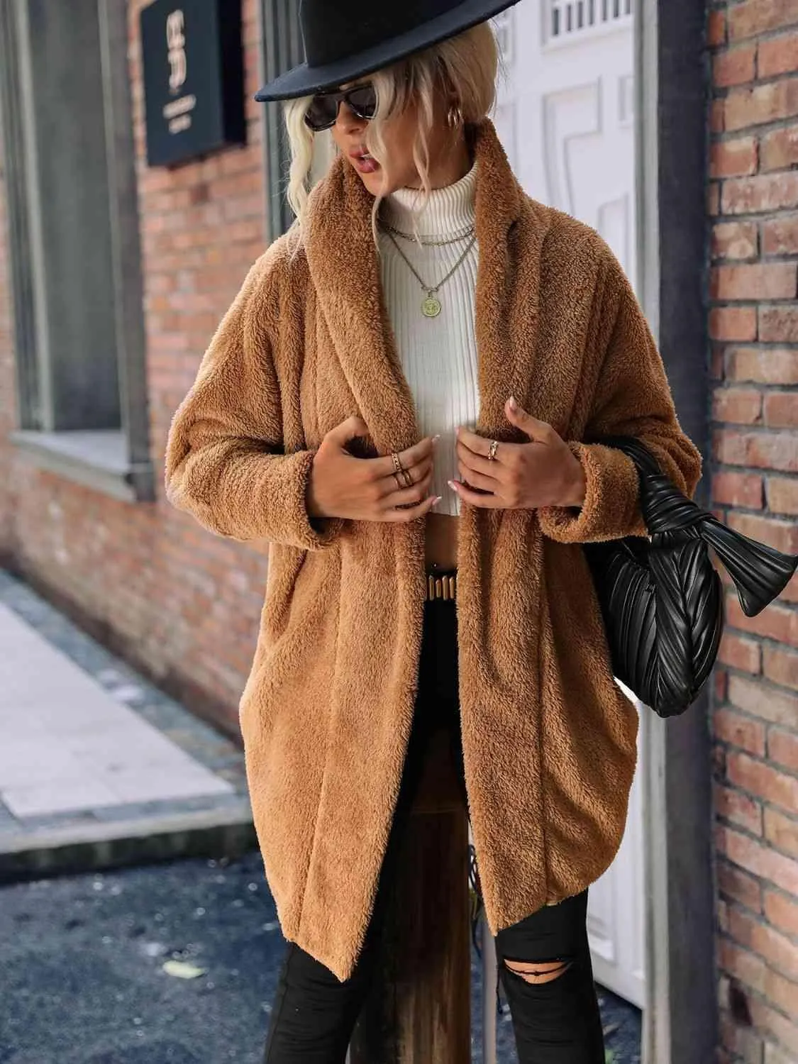 Open Front Teddy Coat With Hood