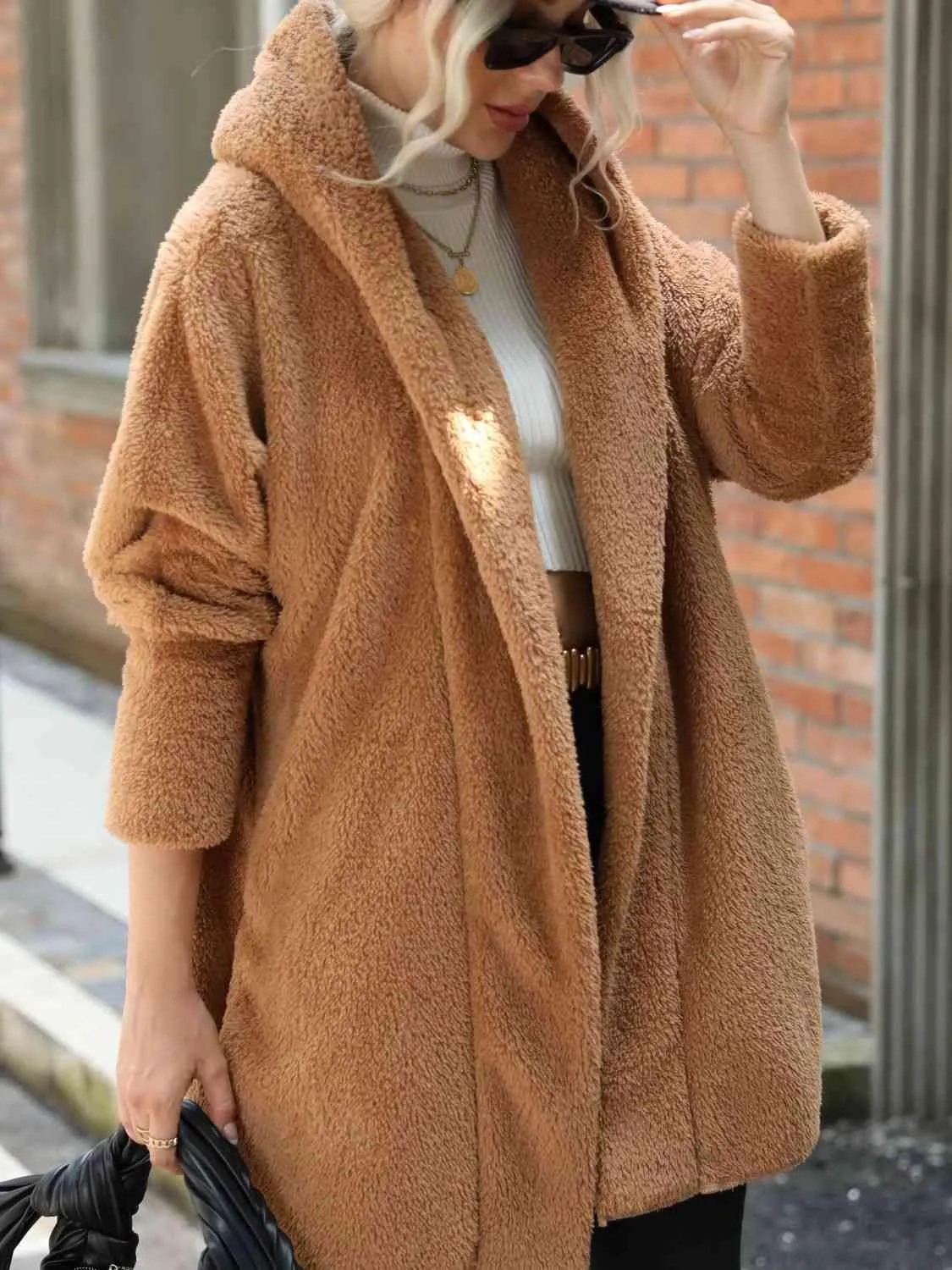Open Front Teddy Coat With Hood