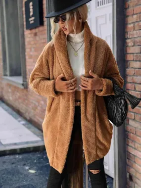 Open Front Teddy Coat With Hood