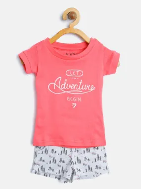 Palm Tree Girls Peach-Coloured & Grey Melange Printed T-shirt with Shorts