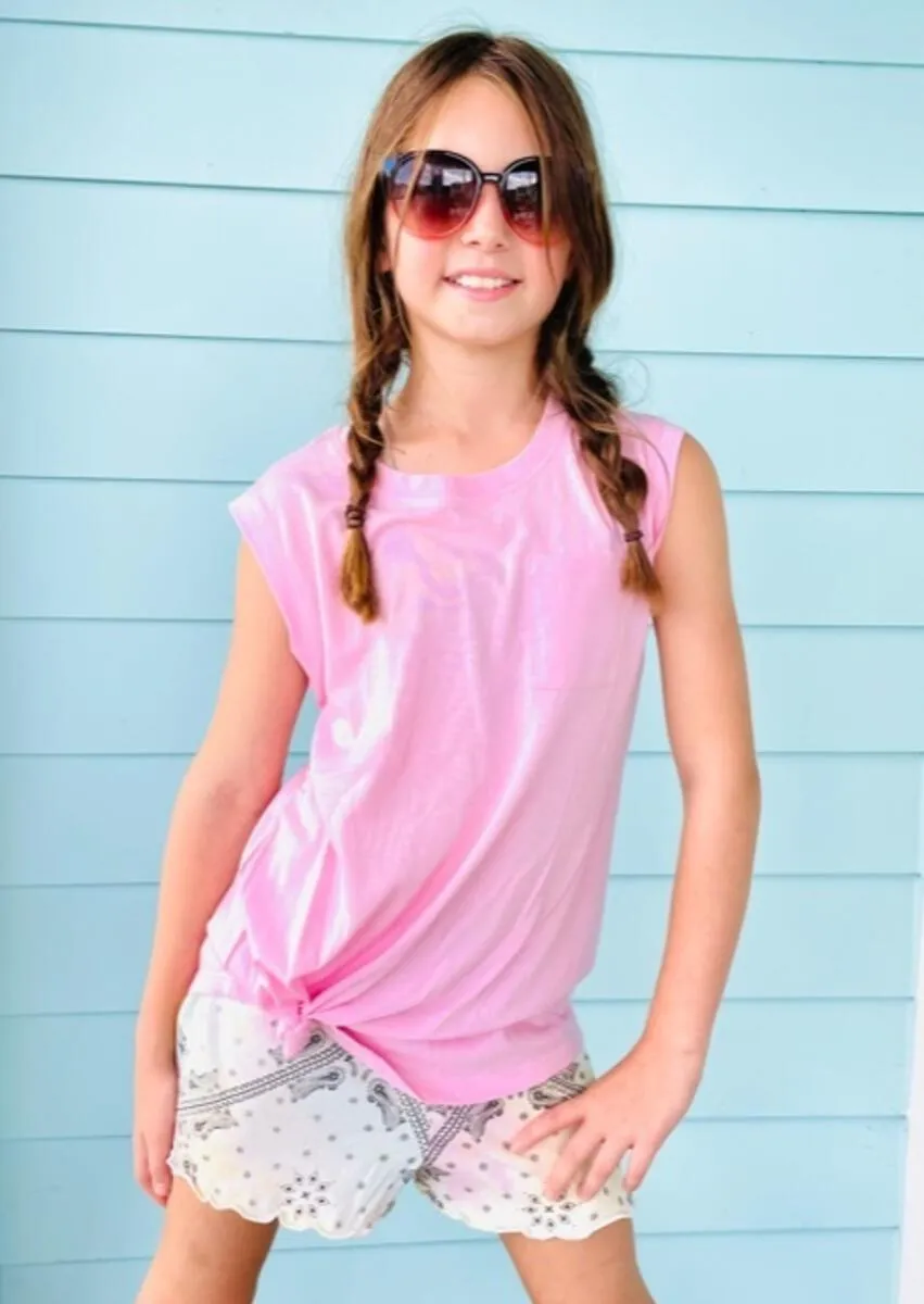 Paper Flower Side Tie Pocket Tank - Sweet Lilac
