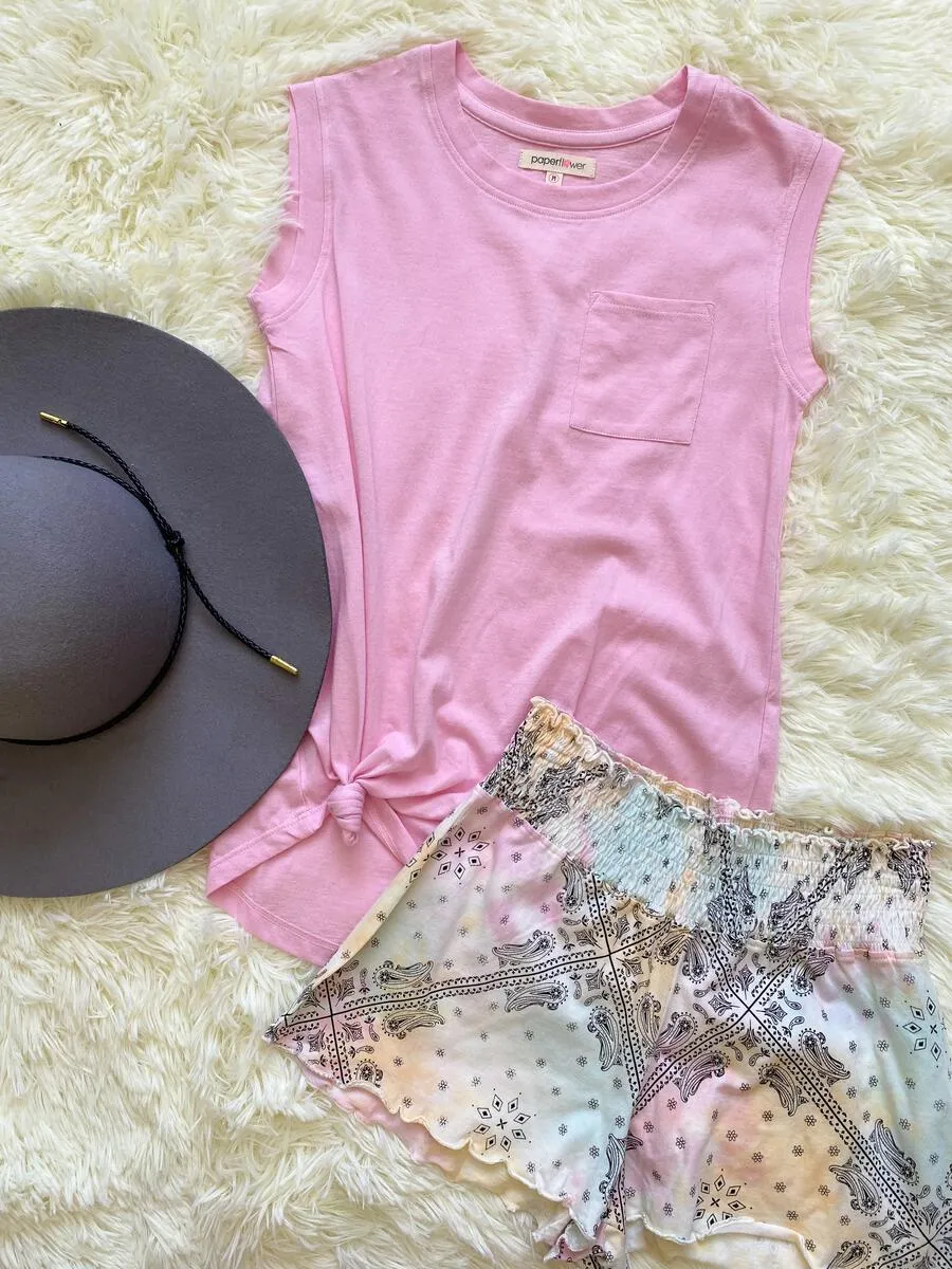 Paper Flower Side Tie Pocket Tank - Sweet Lilac