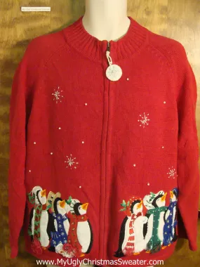 Penguin Watching Snow Fall Cheesy Christmas Sweater
