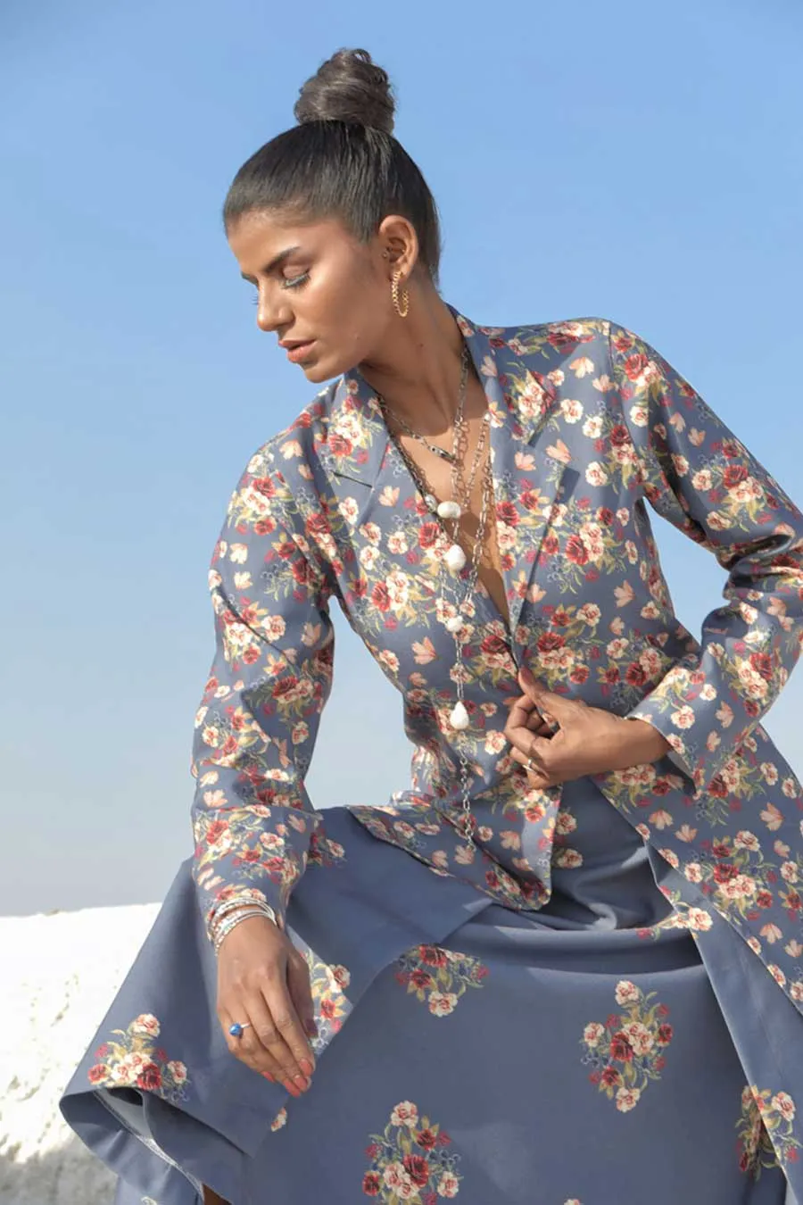 Persian Blue Jacket & Layered Skirt Set