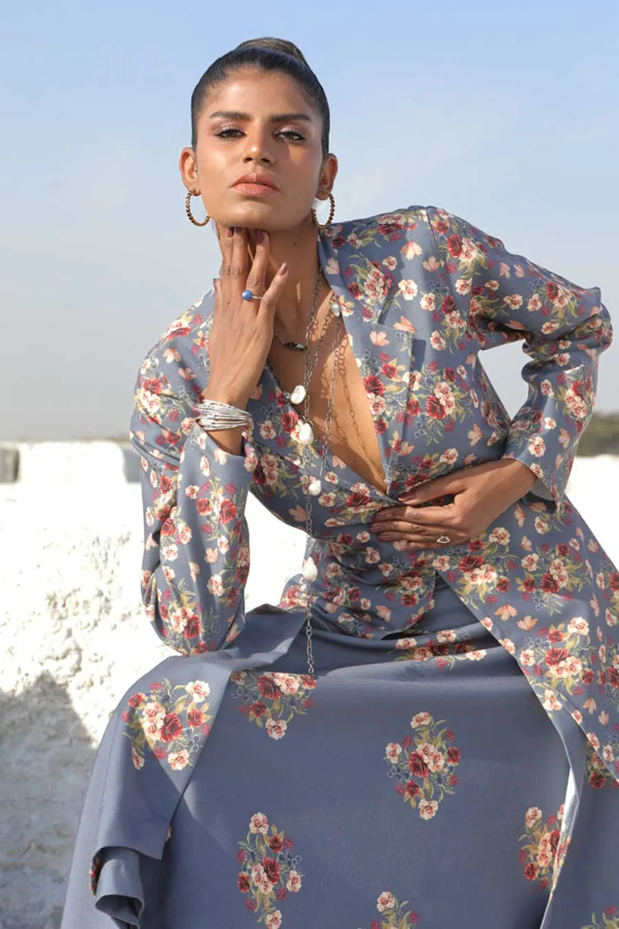Persian Blue Jacket & Layered Skirt Set
