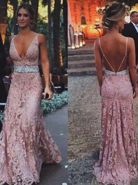 Pink Wedding Dress Pink Lace Prom Dress Boho Prom Dress Backless Sexy Prom Dress MA061