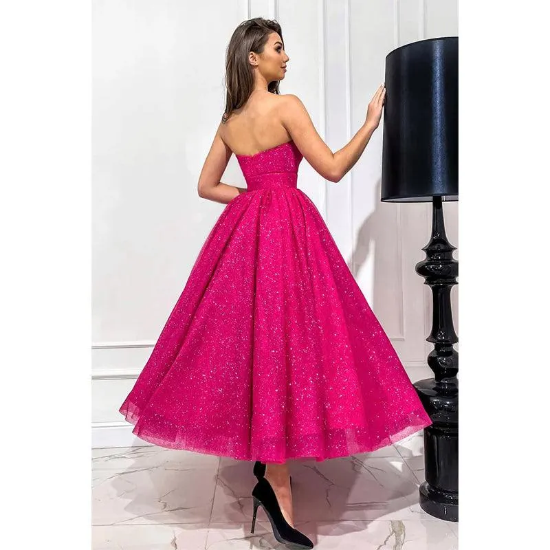 Plunging V-neck Fuchsia Vintage Prom Dress Glitter