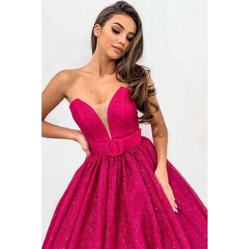 Plunging V-neck Fuchsia Vintage Prom Dress Glitter