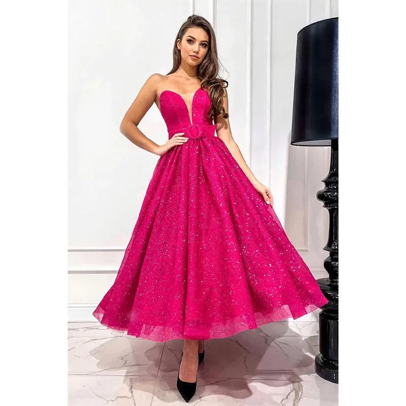 Plunging V-neck Fuchsia Vintage Prom Dress Glitter