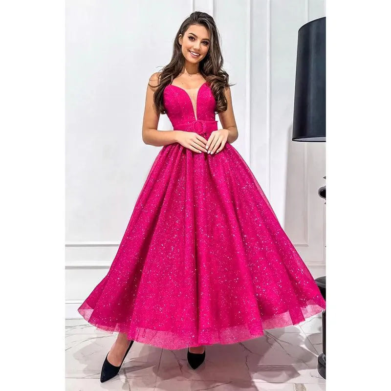 Plunging V-neck Fuchsia Vintage Prom Dress Glitter