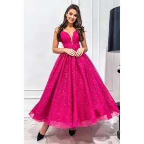 Plunging V-neck Fuchsia Vintage Prom Dress Glitter