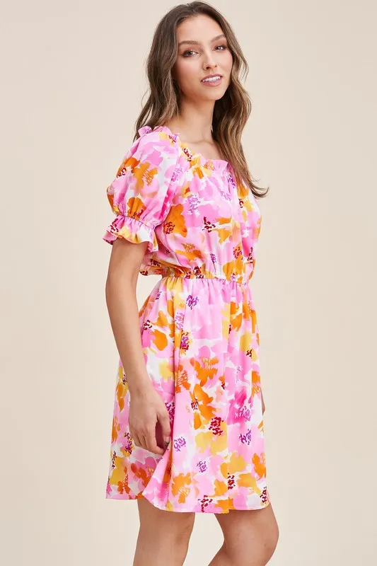 Pnk/Org/Ylw Printed Babydoll Dress W/ Tie Back