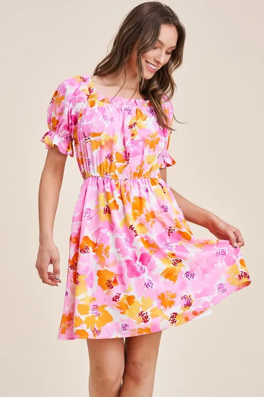Pnk/Org/Ylw Printed Babydoll Dress W/ Tie Back