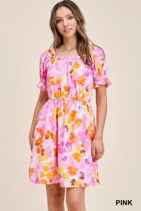 Pnk/Org/Ylw Printed Babydoll Dress W/ Tie Back