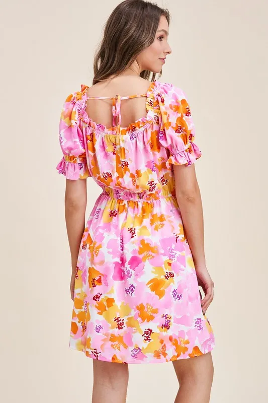 Pnk/Org/Ylw Printed Babydoll Dress W/ Tie Back