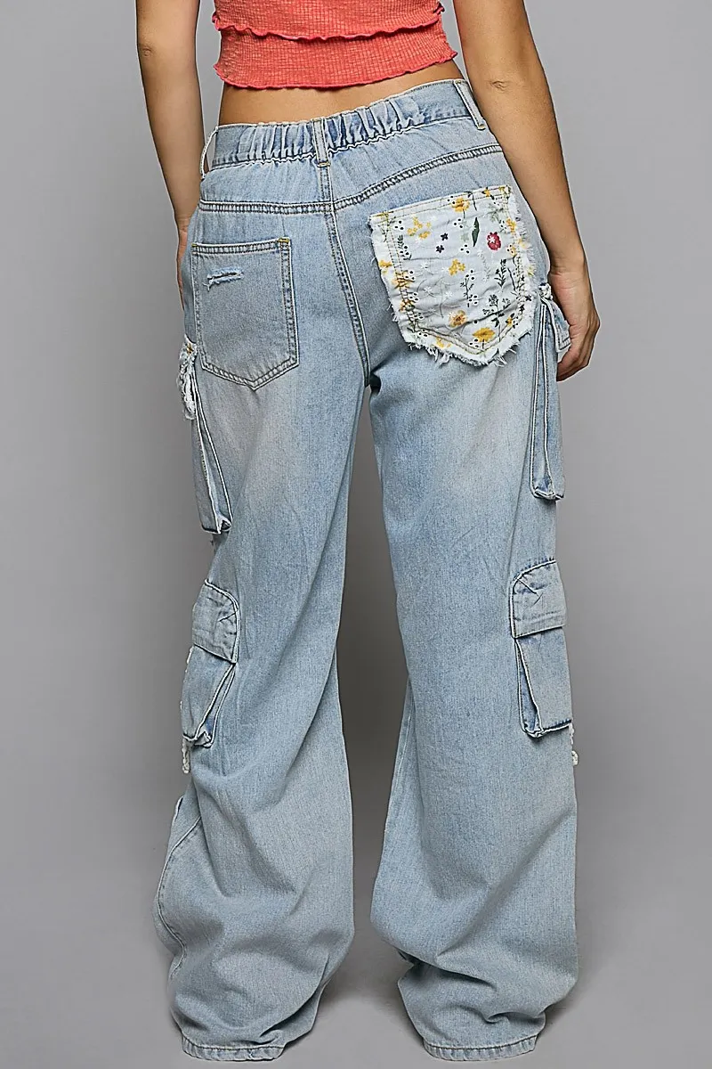 POL Floral Patches Multi Pockets Cargo Pants