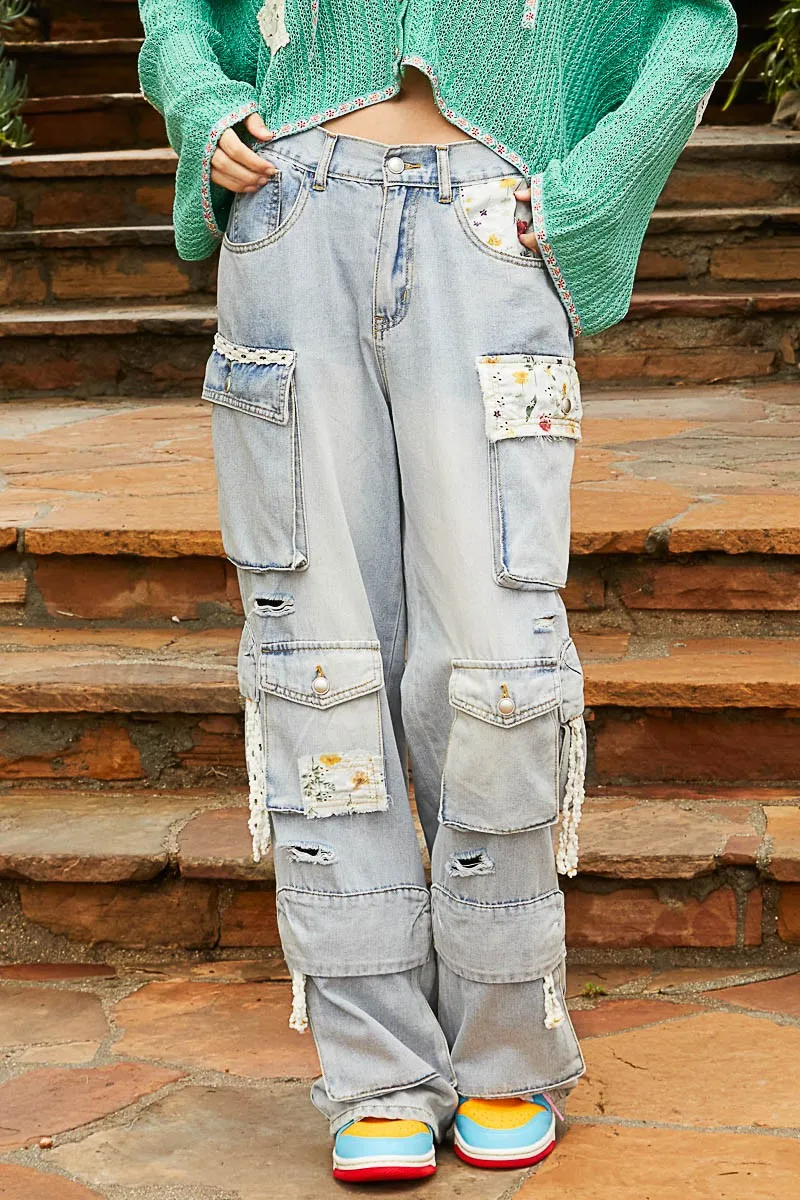 POL Floral Patches Multi Pockets Cargo Pants