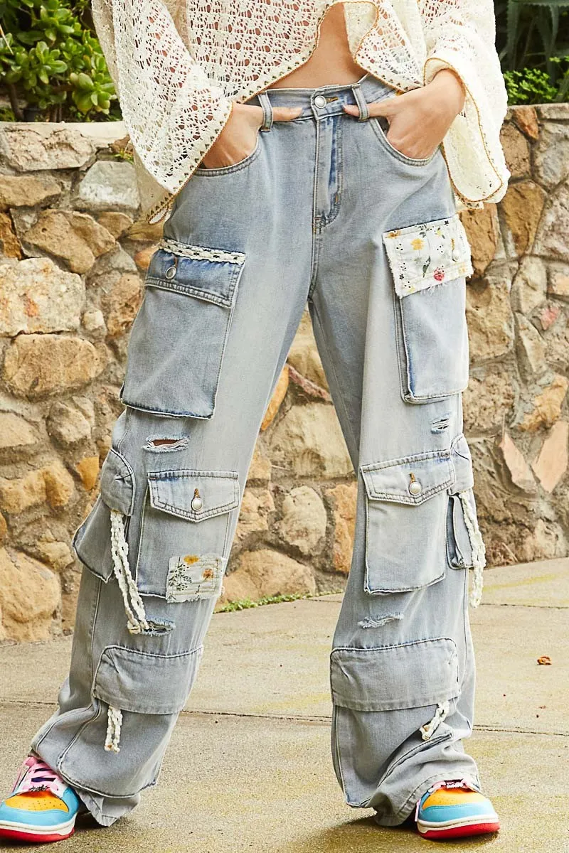 POL Floral Patches Multi Pockets Cargo Pants