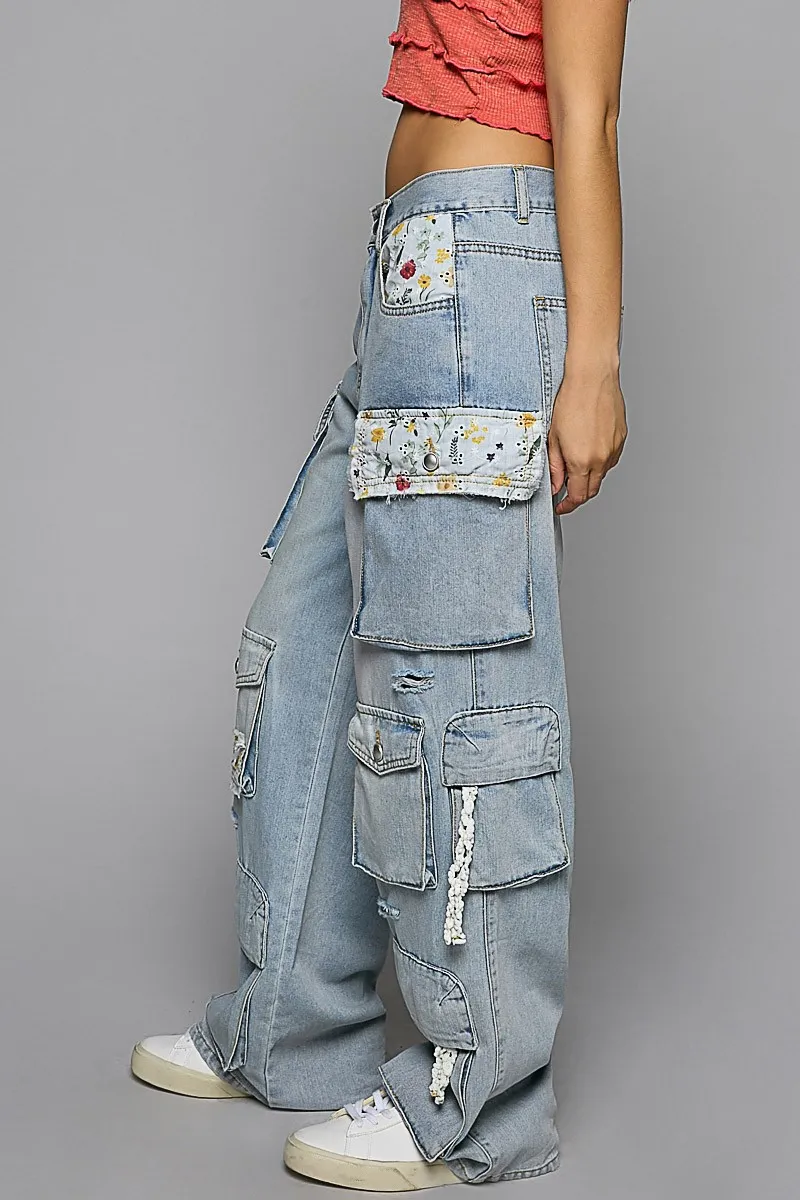 POL Floral Patches Multi Pockets Cargo Pants