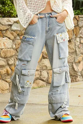 POL Floral Patches Multi Pockets Cargo Pants