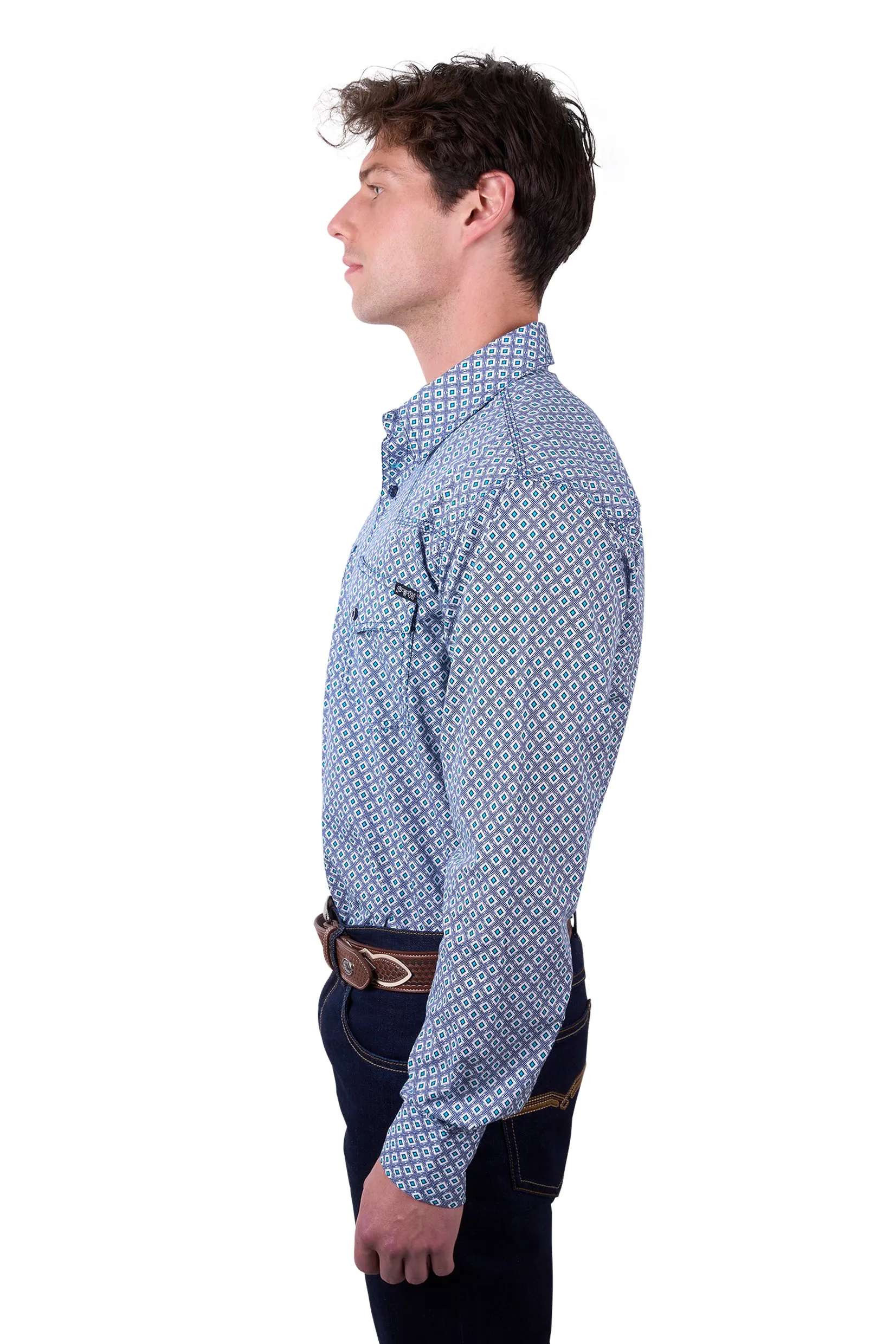 Pure Western Mens Mark LS Shirt in Navy/Teal