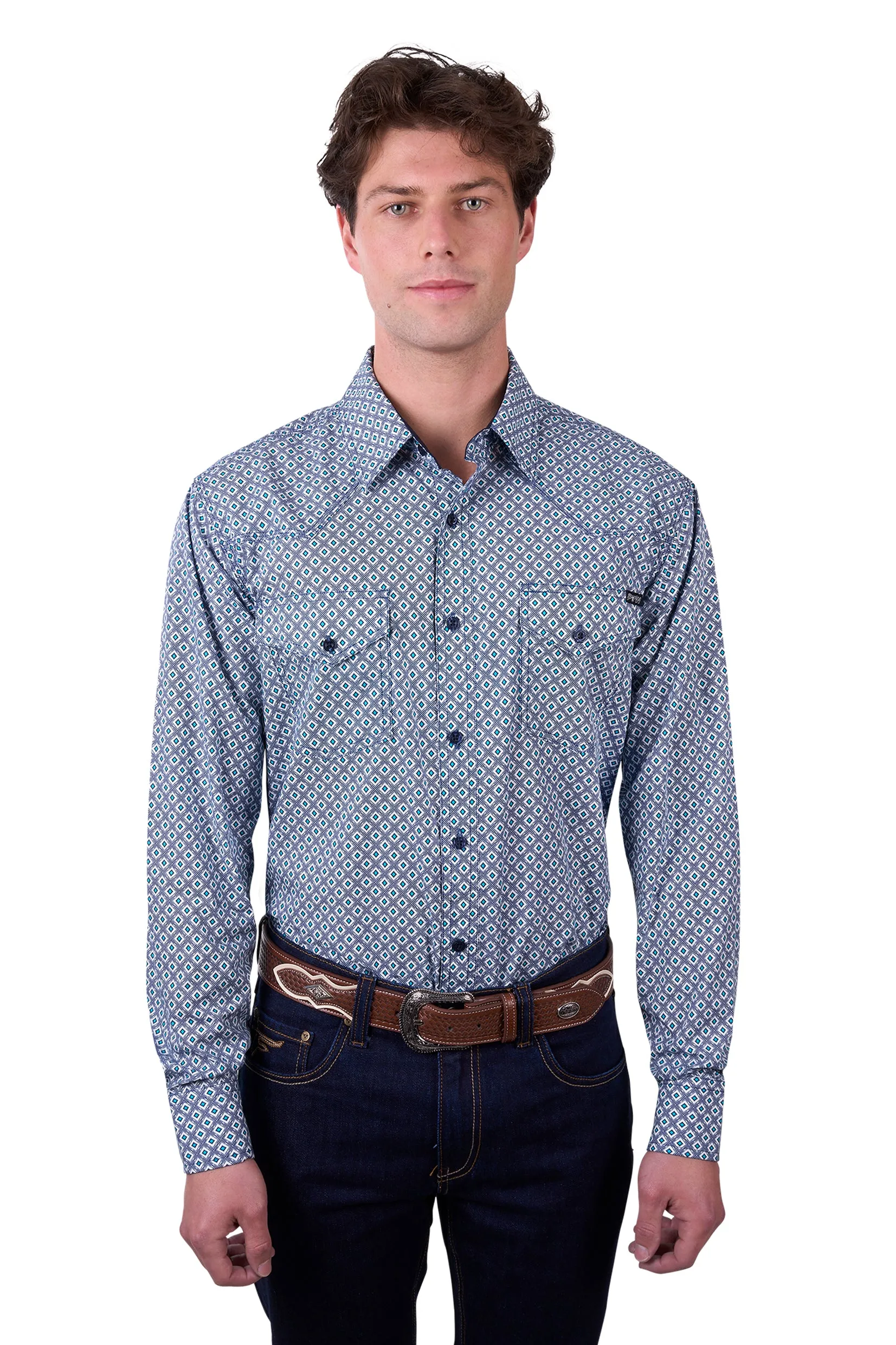Pure Western Mens Mark LS Shirt in Navy/Teal