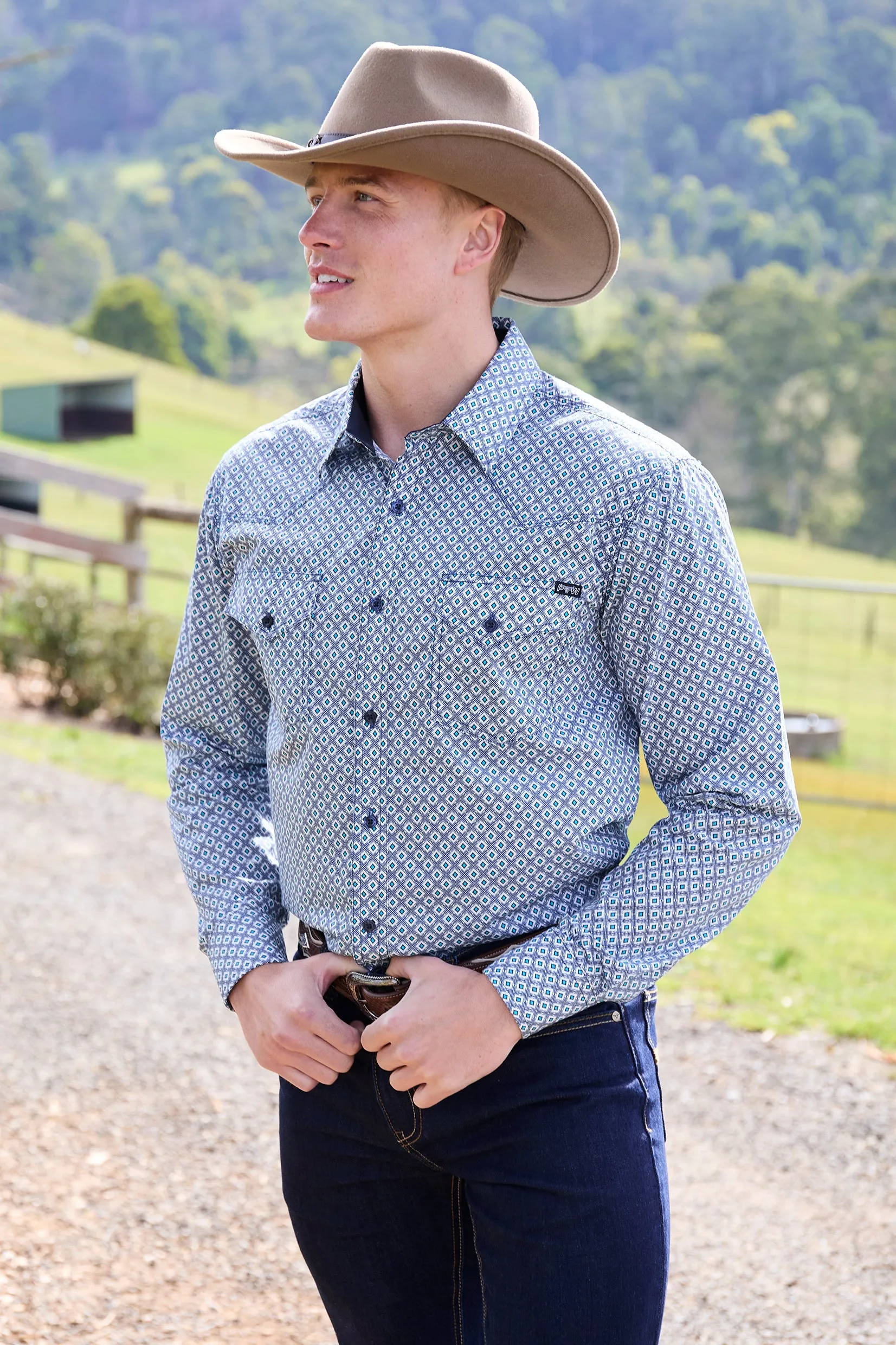 Pure Western Mens Mark LS Shirt in Navy/Teal