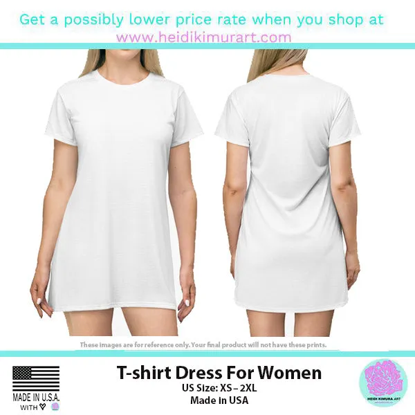 Purple Pink Marble T-shirt Dress, Abstract Print Designer Crew Neck Long T-shirt Dress-Made in USA