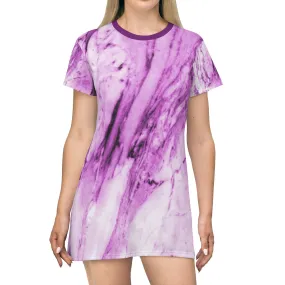 Purple Pink Marble T-shirt Dress, Abstract Print Designer Crew Neck Long T-shirt Dress-Made in USA