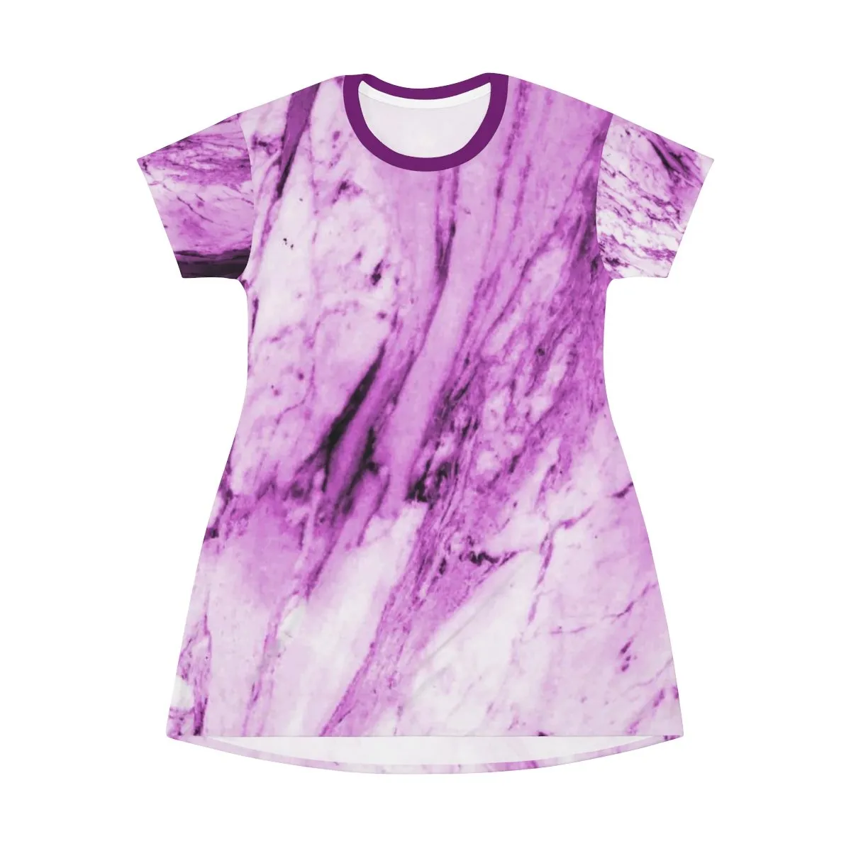 Purple Pink Marble T-shirt Dress, Abstract Print Designer Crew Neck Long T-shirt Dress-Made in USA