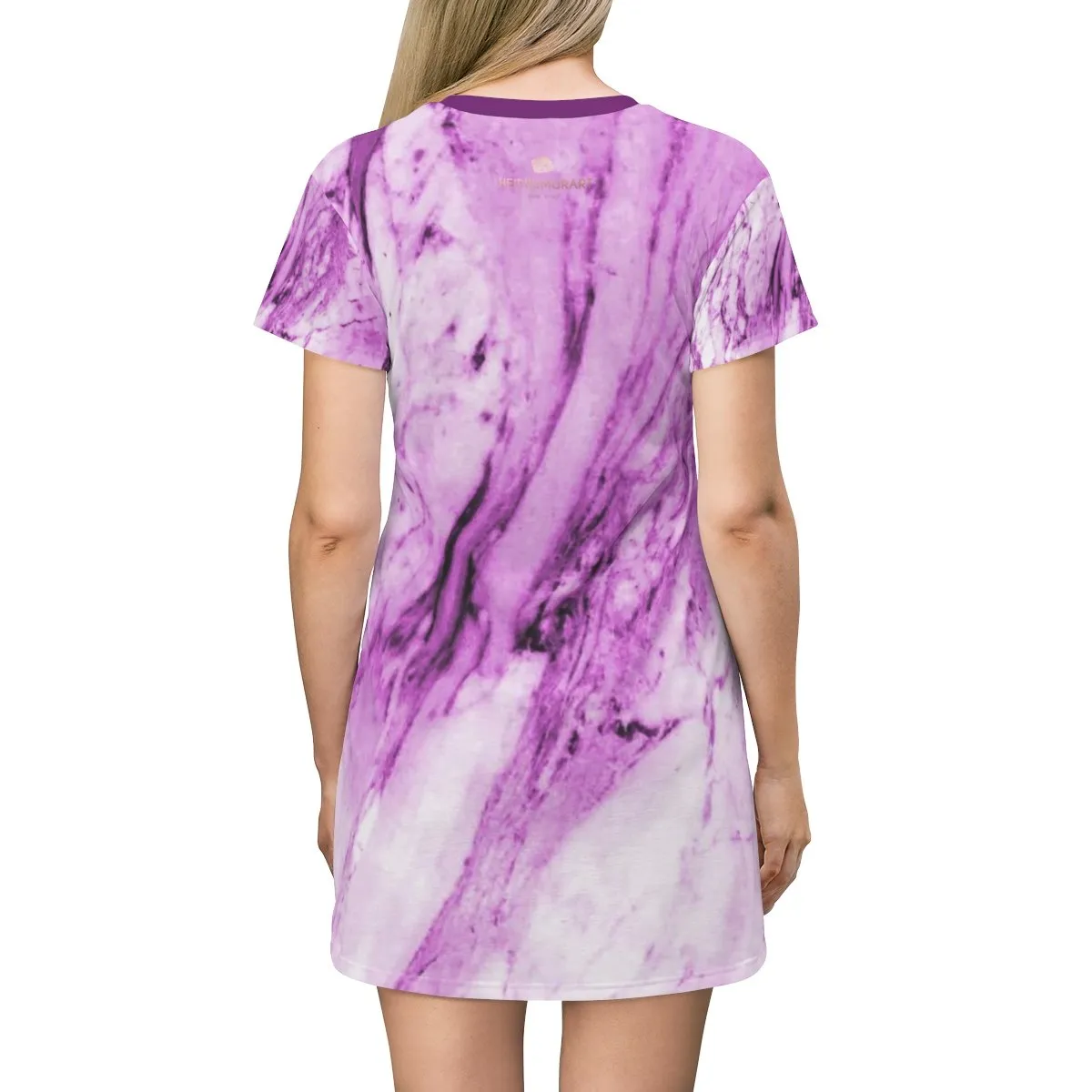 Purple Pink Marble T-shirt Dress, Abstract Print Designer Crew Neck Long T-shirt Dress-Made in USA