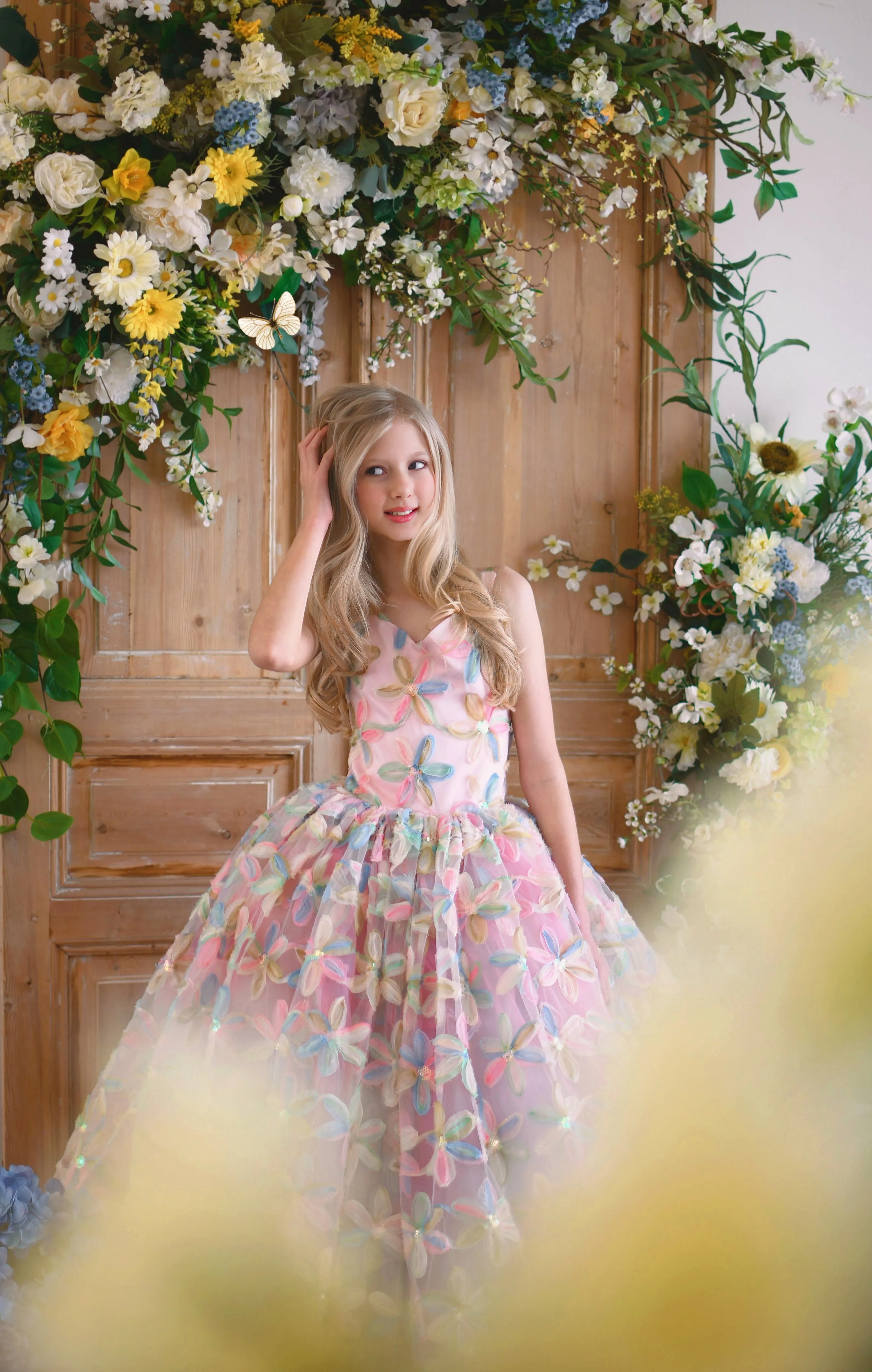 "Sun-kissed Petals" Couture Floor length gown -Cape not included (8 Year - Petite 10 Year)