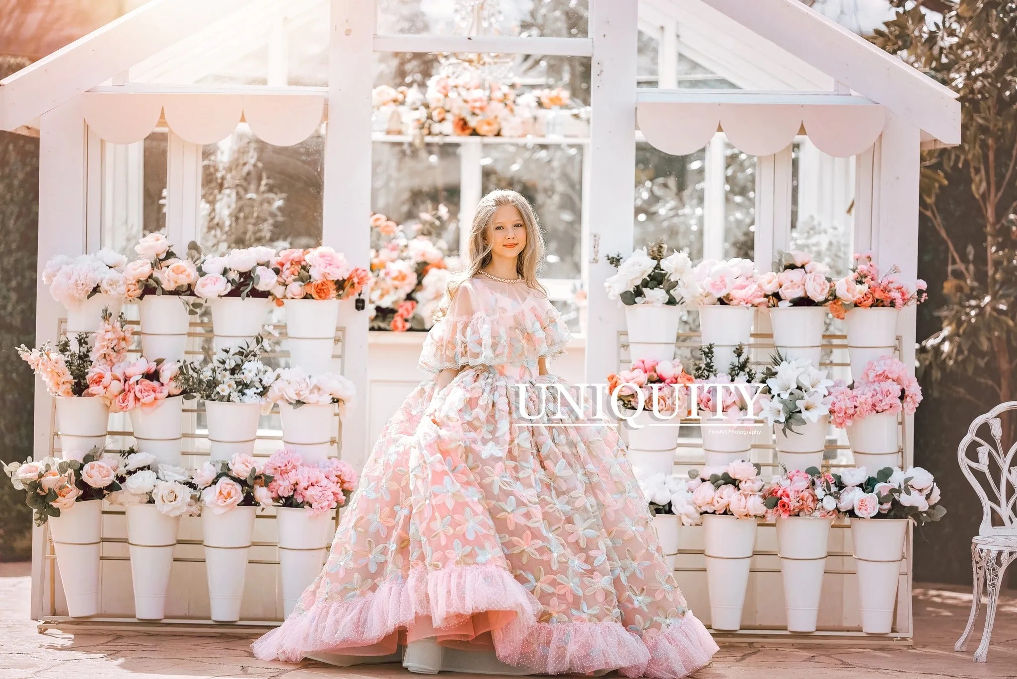 "Sun-kissed Petals" Couture Floor length gown -Cape not included (8 Year - Petite 10 Year)