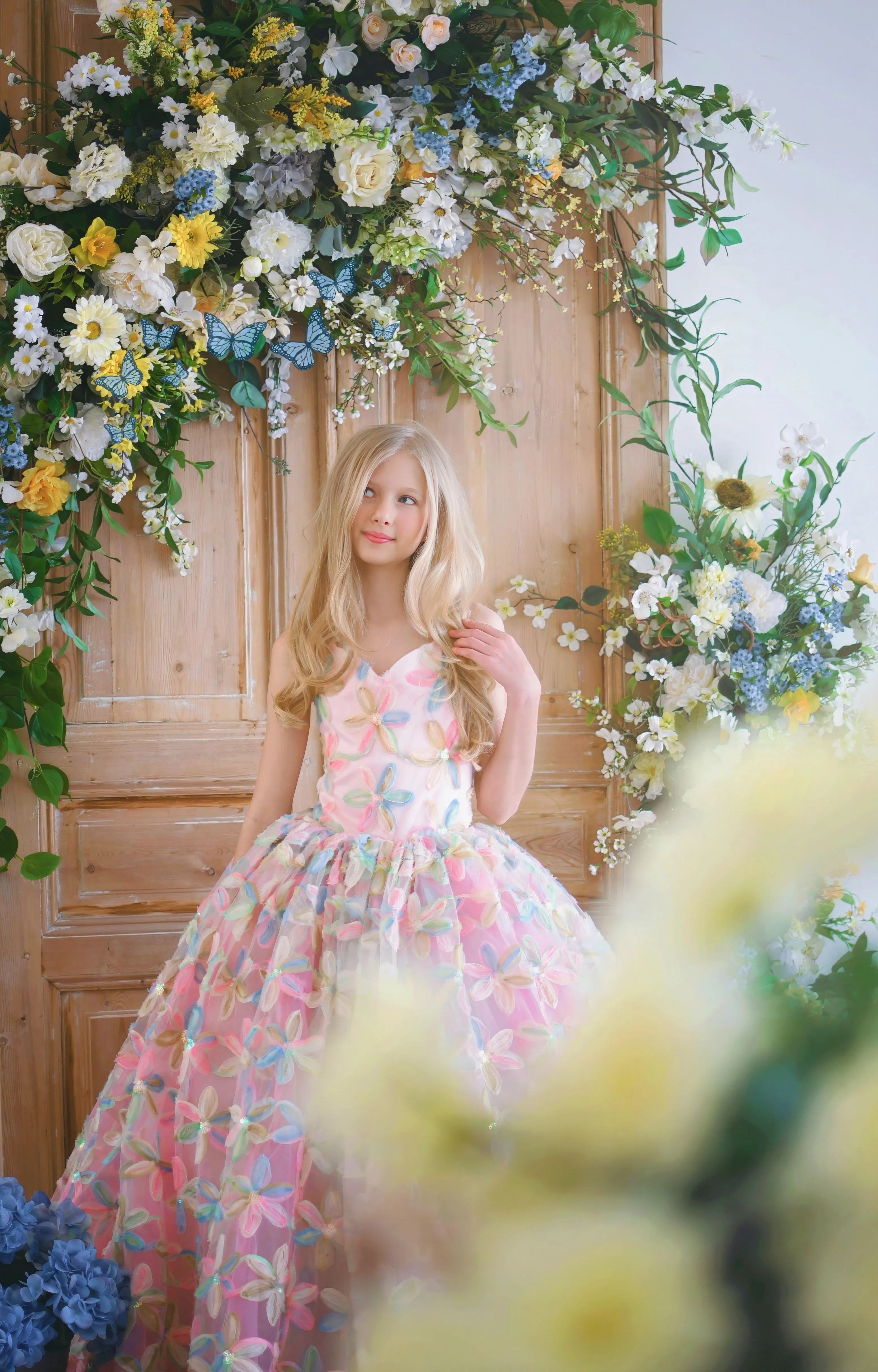 "Sun-kissed Petals" Couture Floor length gown -Cape not included (8 Year - Petite 10 Year)